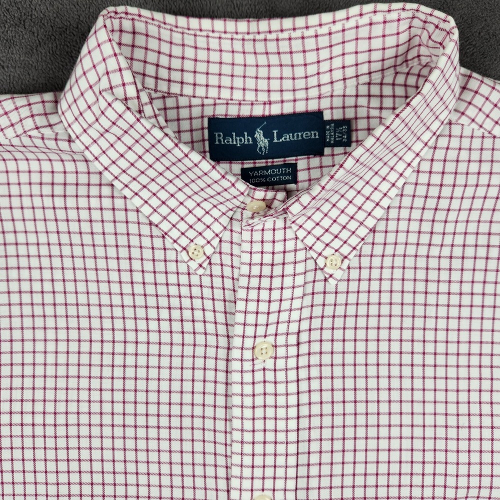 Ralph Lauren Yarmouth Shirt Mens 17.5 34/35 White Burgundy Check Button Down